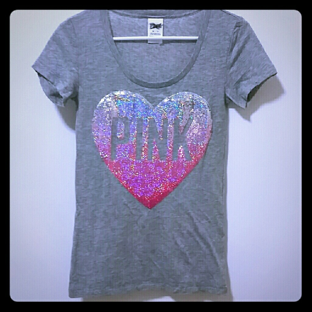 New VS PINK Sequined Heart Scoop Neck Tee
